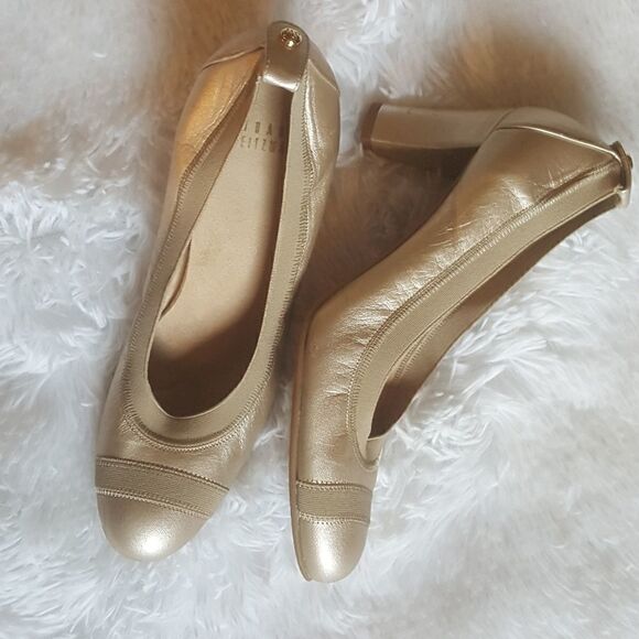 Stuart Weitzman Vintage Heels Pumps Gold Elastic Top Trim Block Heel Size 7.5 - Picture 1 of 16